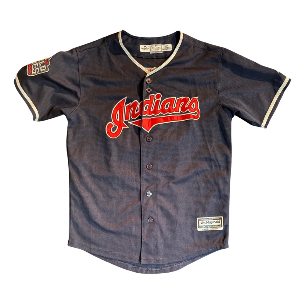 Majestic Francisco Lindor Jersey Youth Large Navy 2016 World Series Patch